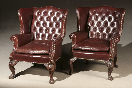 Appraisal: Pair of George II Style Walnut and Leather Upholstered Wing