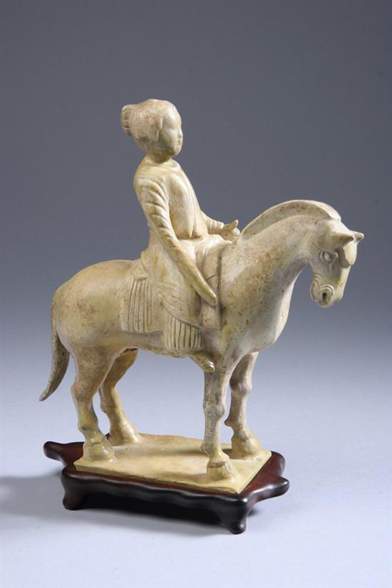 Appraisal: CHINESE STRAW-GLAZED POTTERY EQUESTRIAN GROUP Sui Dynasty Molded to depict