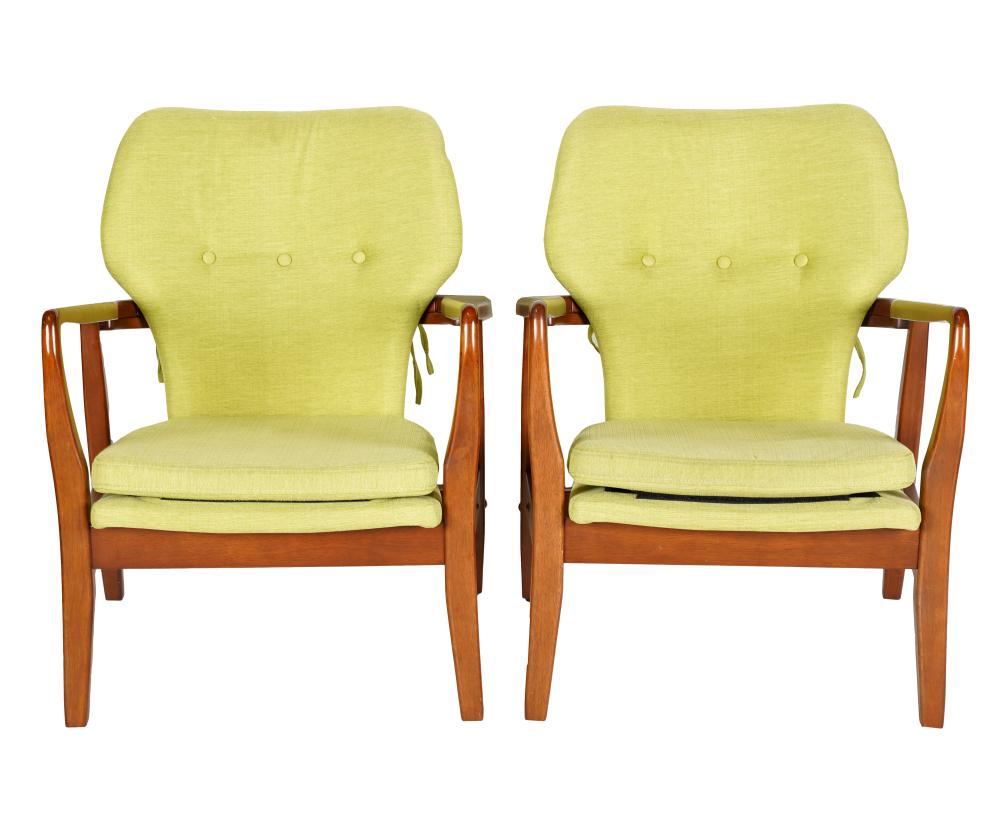 Appraisal: PAIR OF MODERNIST ARMCHAIRSstained wood and green fabric unsigned inches