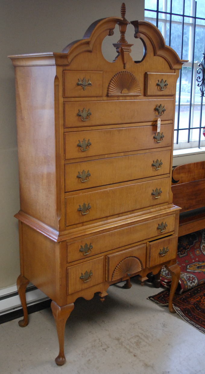 Appraisal: QUEEN ANNE STYLE TIGER MAPLE HIGH CHEST OF DRAWERS American