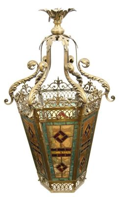 Appraisal: A Victorian gilt brass and stained glass hall lantern of