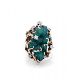 Appraisal: A BRUTALIST EMERALD AND DIAMOND RING ca Striking example of