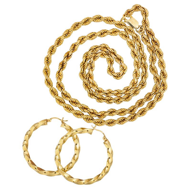 Appraisal: K GOLD ROPE CHAIN AND TWISTED HOOP EARRINGS Condition Report