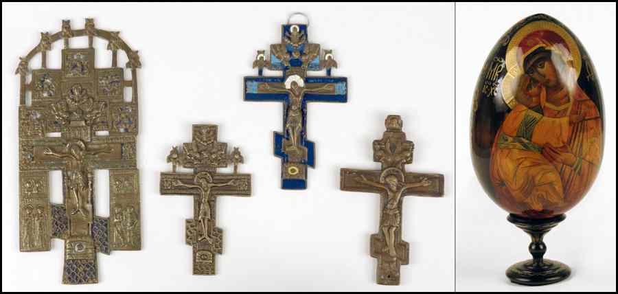 Appraisal: RUSSIAN BRASS AND ENAMEL ICON Together with three brass crosses