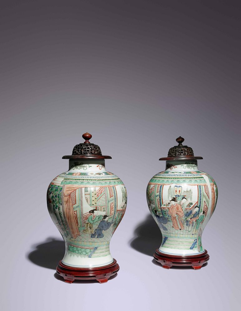 Appraisal: A Pair of Wucai Porcelain 'Figural' Baluster Jars Height in