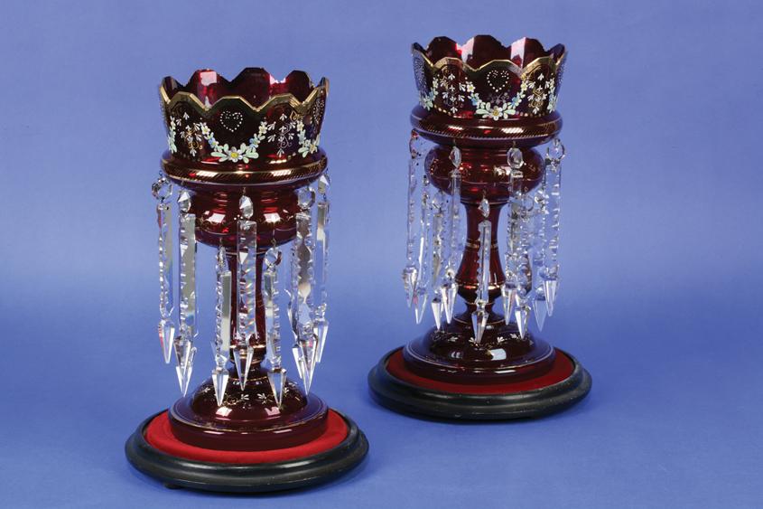 Appraisal: A PAIR OF RUBY GLASS AND ENAMEL LUSTRES with broad