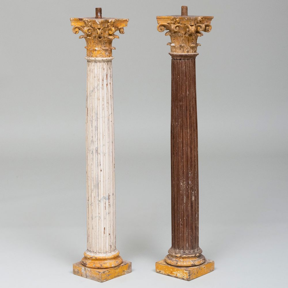 Appraisal: Small Pair of Italian Corinthian Polychromed Wood Fluted Columns x