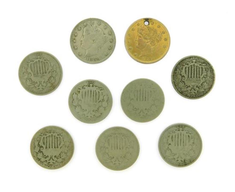 Appraisal: COINS Nine coins including seven shield nickels in cull to