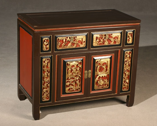 Appraisal: Chinese Parcel Gilt Red and Brown Lacquered Wood Side Cabinet