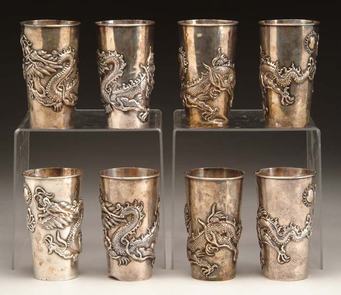 Appraisal: SET OF EIGHT ANTIQUE CHINESE SILVER DRINKING VESSELS Each with