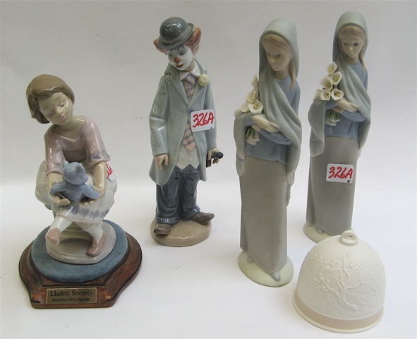 Appraisal: GROUP OF FOUR SPANISH LLADRO FIGURES AND A BELL pair