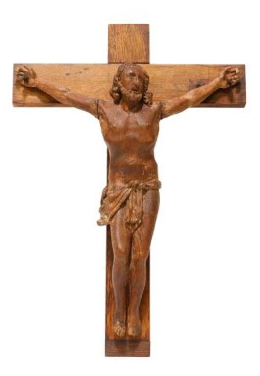 Appraisal: Continental carved oak wall-mounted crucifix early th c approx h