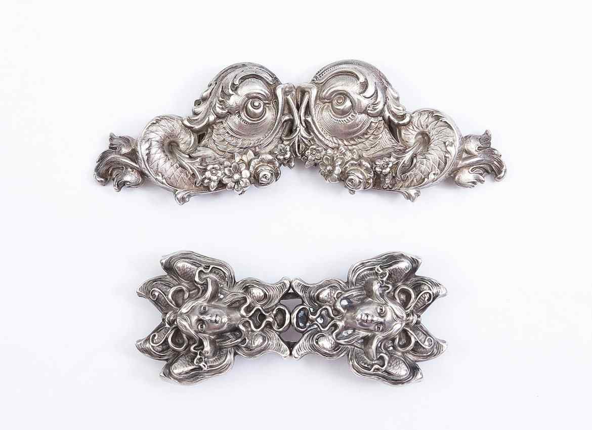 Appraisal: KERR ART NOUVEAU STERLING BELT BUCKLES sets to include Figural