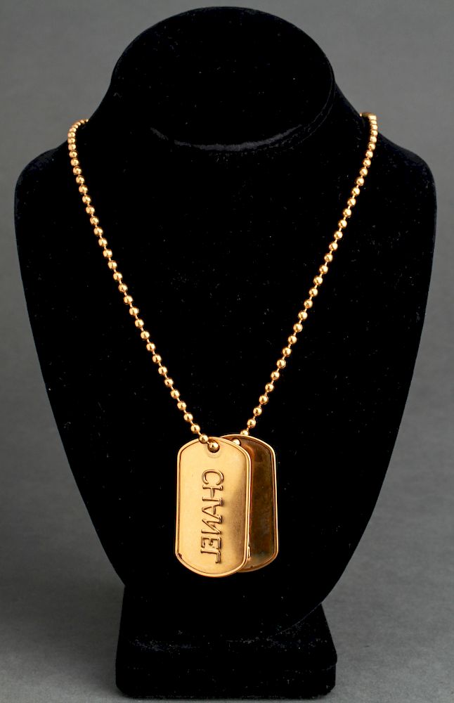 Appraisal: Chanel Double Dog Tag Pendant Gold-Tone Necklace Chanel double dog