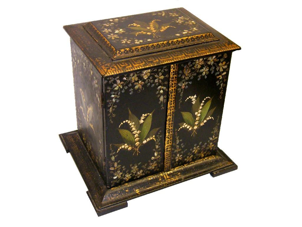 Appraisal: Victorian ebonised lacquer jewellery table cabinet inlaid with abalone and