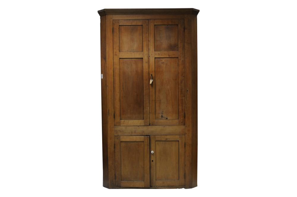 Appraisal: AMERICAN CHERRY WOOD CORNER CUPBOARDearly th century with porcelain knobs