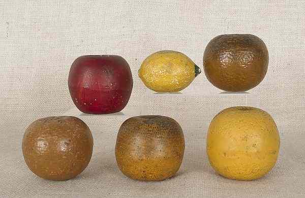 Appraisal: Six painted redware fruit form banks late th c