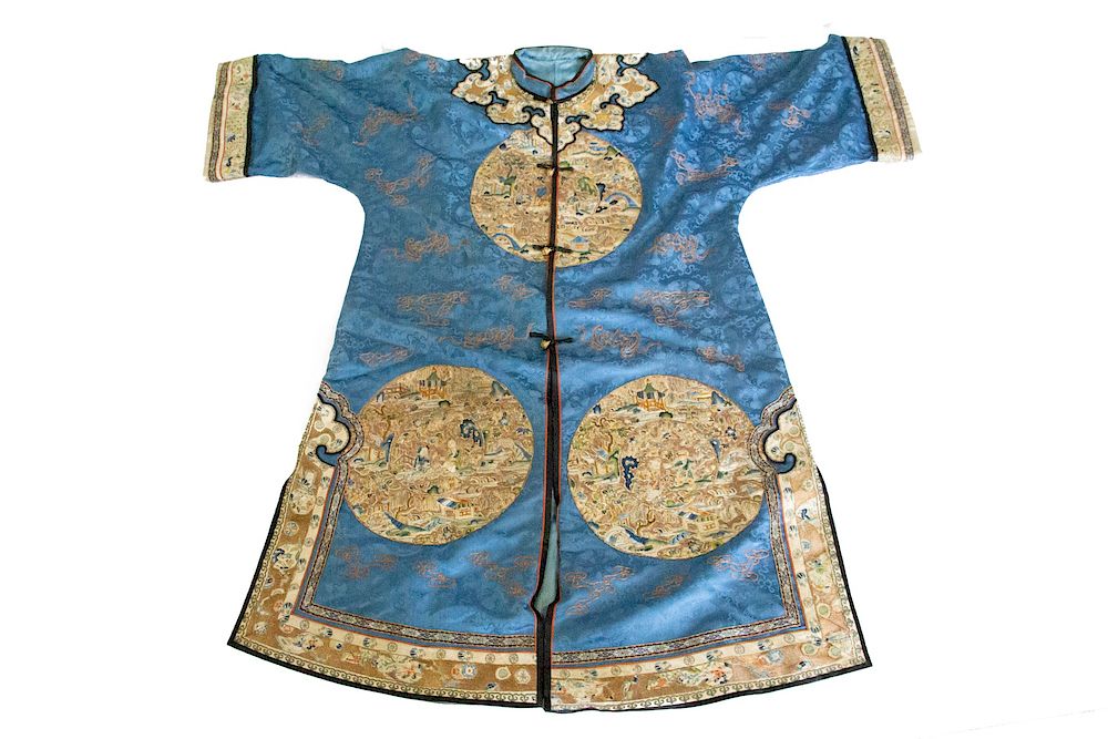 Appraisal: A Blue Ground Embroidered Lady's Robe Chinese silk with embroidery