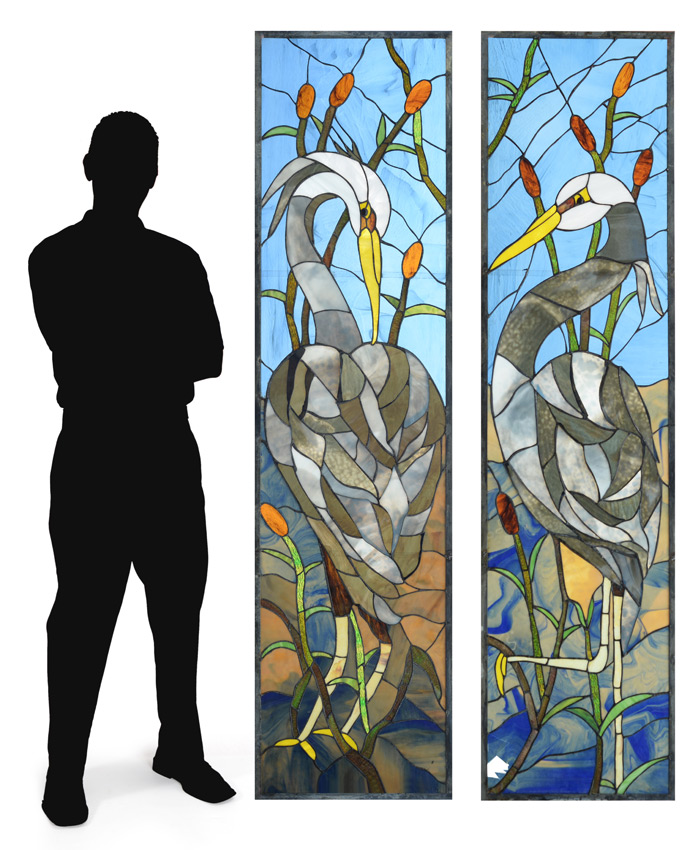 Appraisal: BLUE HERON STAIN GLASS SIDELIGHT PANELS Matched pair for your