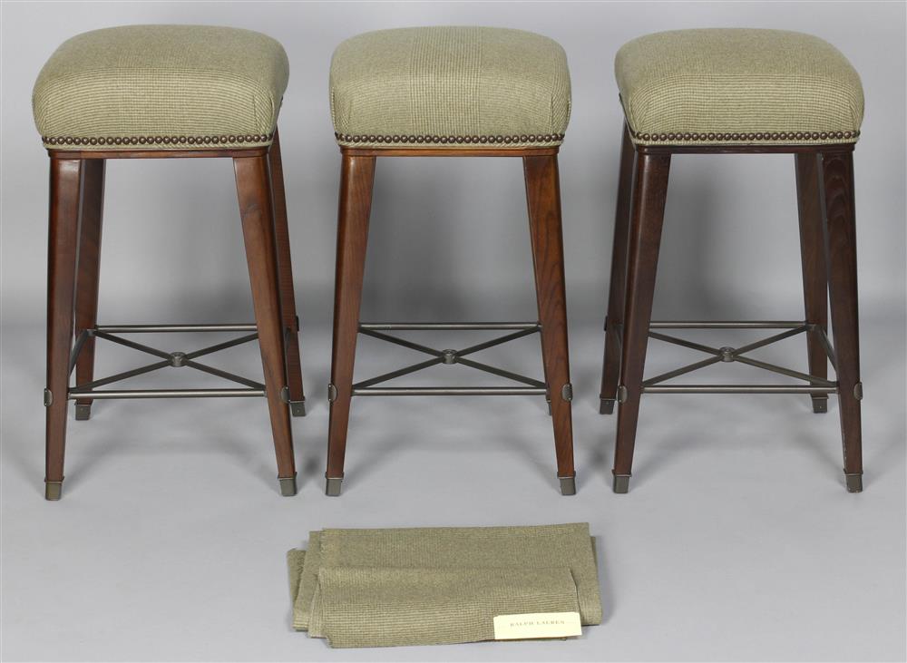 Appraisal: THREE HICKORY STAINED ASH AND PATINATED METAL WINDSOR STOOLS WITH