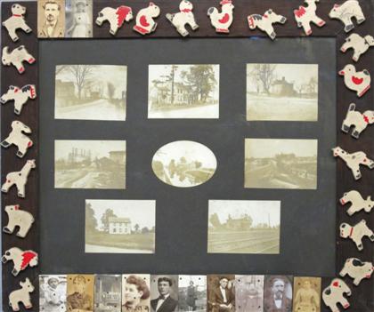 Appraisal: Wood frame with applied animals and early photographsThe stained frame