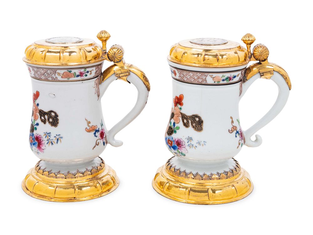 Appraisal: A Pair of Silver-Gilt Mounted Famille Rose Porcelain Tankards A