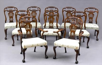 Appraisal: SET OF TEN GEORGE II-STYLE CARVED MAHOGANY DINING CHAIRS POSSIBLY