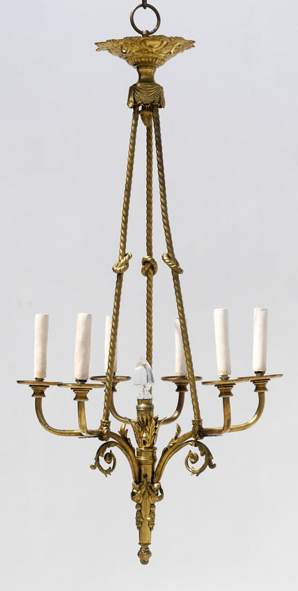 Appraisal: FRENCH EMPIRE STYLE BRASS CHANDELIER Gilt brass with rope and