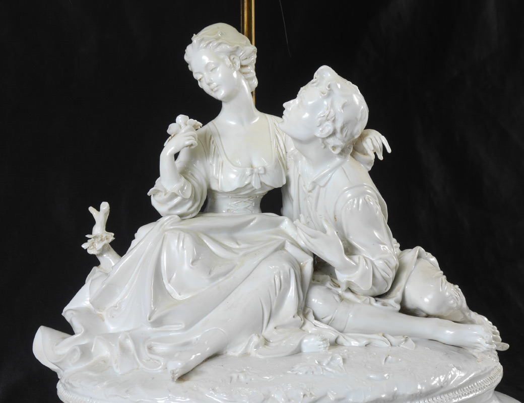 Appraisal: BLANC DE CHINE PORCELAIN LAMP OF LOVERS Figural base with