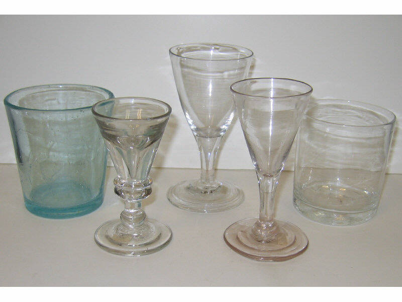 Appraisal: FIVE BLOWN GLASS DRINKING VESSELS inch Stiegel type wine inch