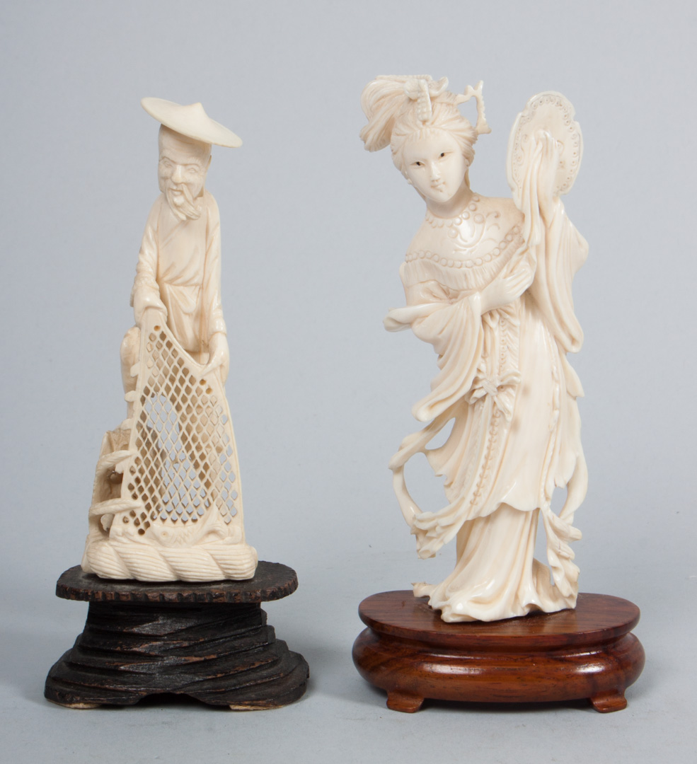 Appraisal: Two Asian carved ivory figures Japanese ivory geisha on wood