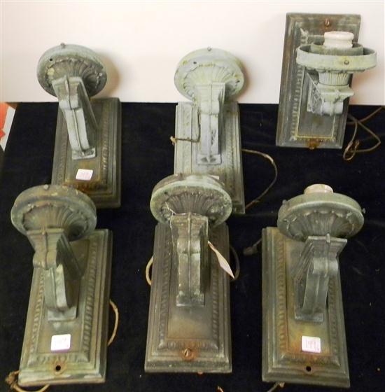 Appraisal: Set of six matching classical motif metal sconces mounts are