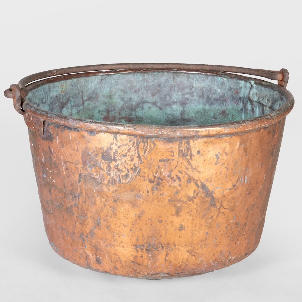 Appraisal: Copper and Iron Cauldron With swing bale handle x in