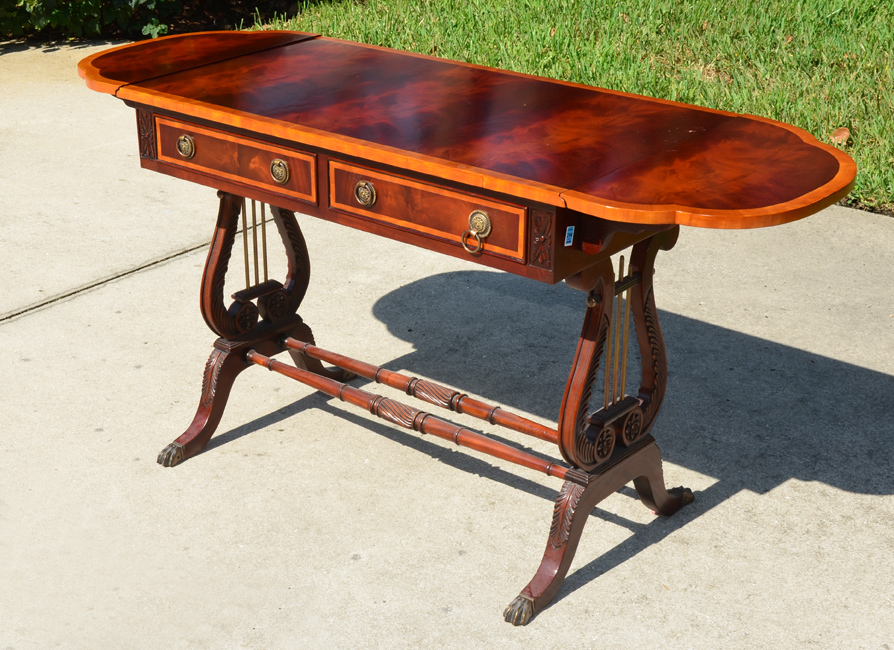 Appraisal: FEDERAL STYLE MAHOGANY DROP LEAF CONSOLE TABLE Top with flame