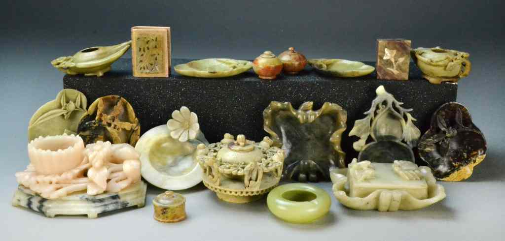 Appraisal: Pieces Chinese Carved SoapstonTo include teapots boxes and brushwashes the