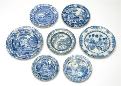 Appraisal: Seven blue and white plates printed with scenes of Oriental