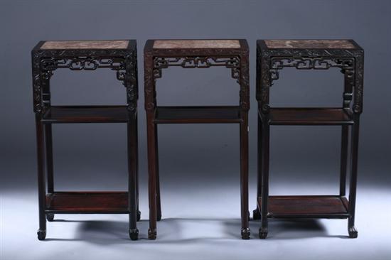 Appraisal: THREE CHINESE CARVED WOOD SIDE TABLES WITH MARBLE INSET Two