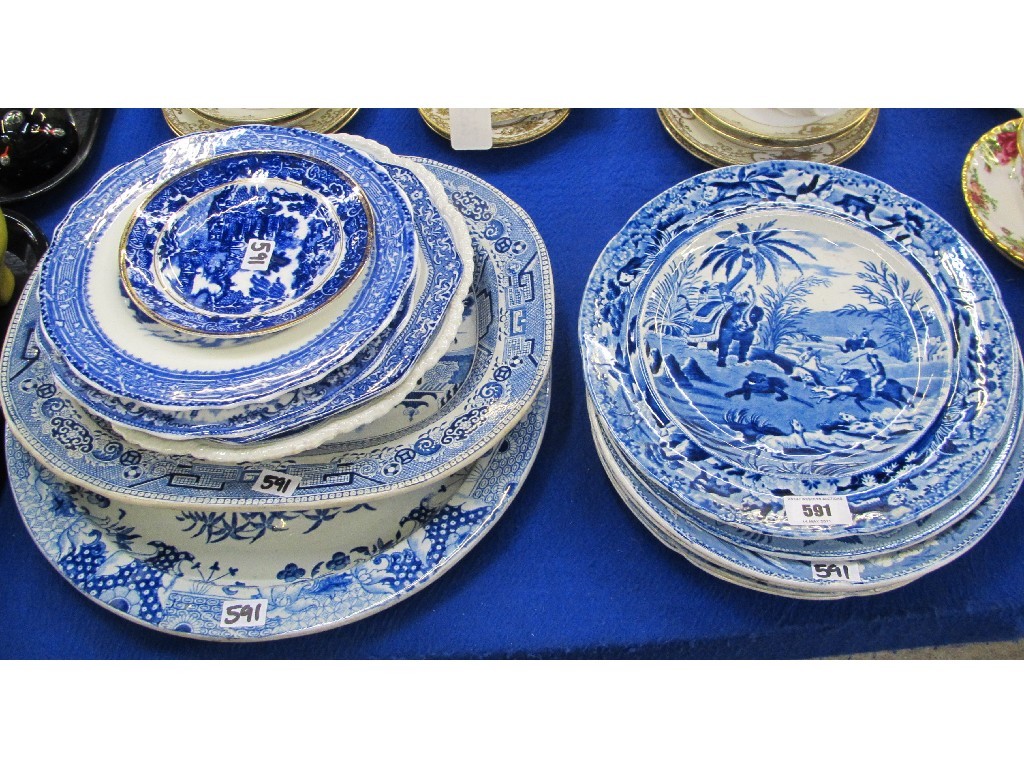 Appraisal: Thirteen assorted blue and white plates dishes and ashet to