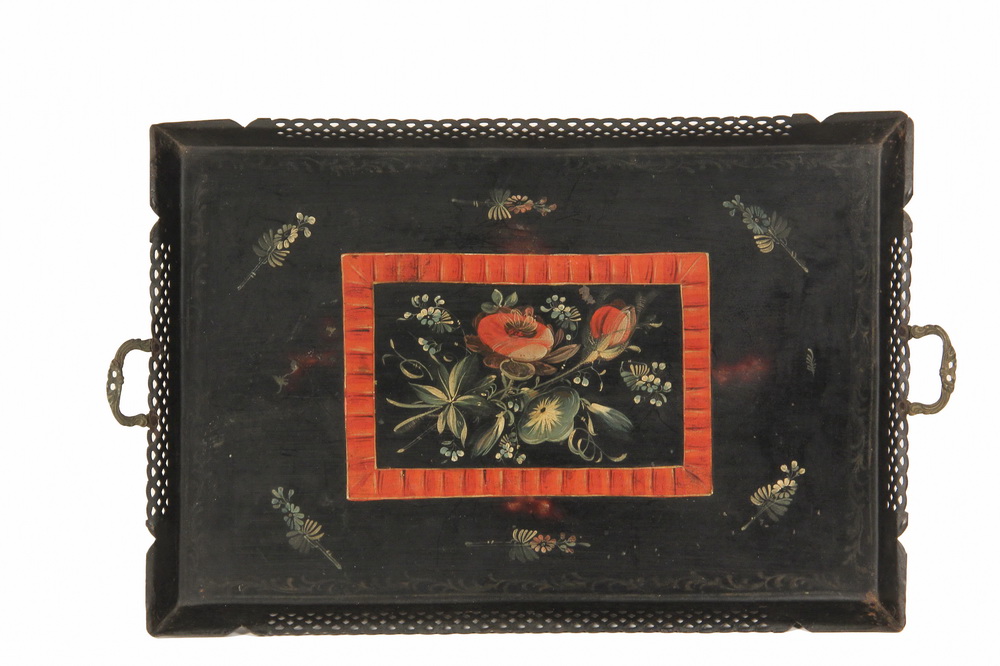 Appraisal: EARLY TOLE PAINTED TRAY - th c Black Tray with