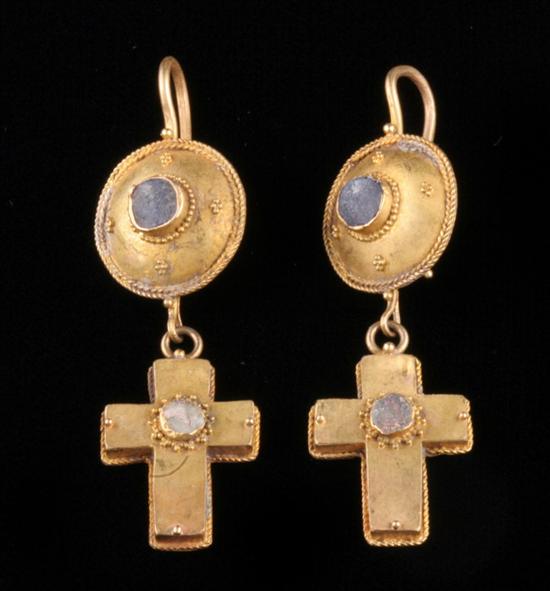 Appraisal: PAIR OF BYZANTINE YELLOW GOLD EARRINGS Circa A D Low