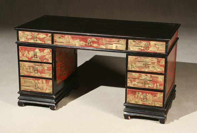 Appraisal: George III Style Red Japanned and Ebonized Pine Two-Pedestal Desk