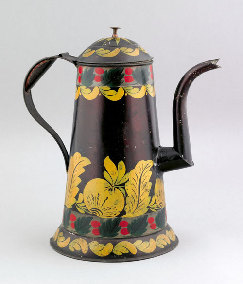 Appraisal: Tole coffee pot th c with yellow fruit decoration and