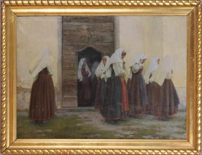 Appraisal: FRENCH SCHOOL CONVENT WITH NUNS Oil on canvas signed lower