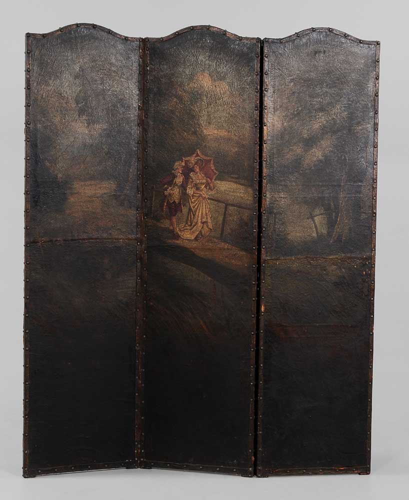 Appraisal: Three-Panel Painted Leather Room Screen late th century arched panels