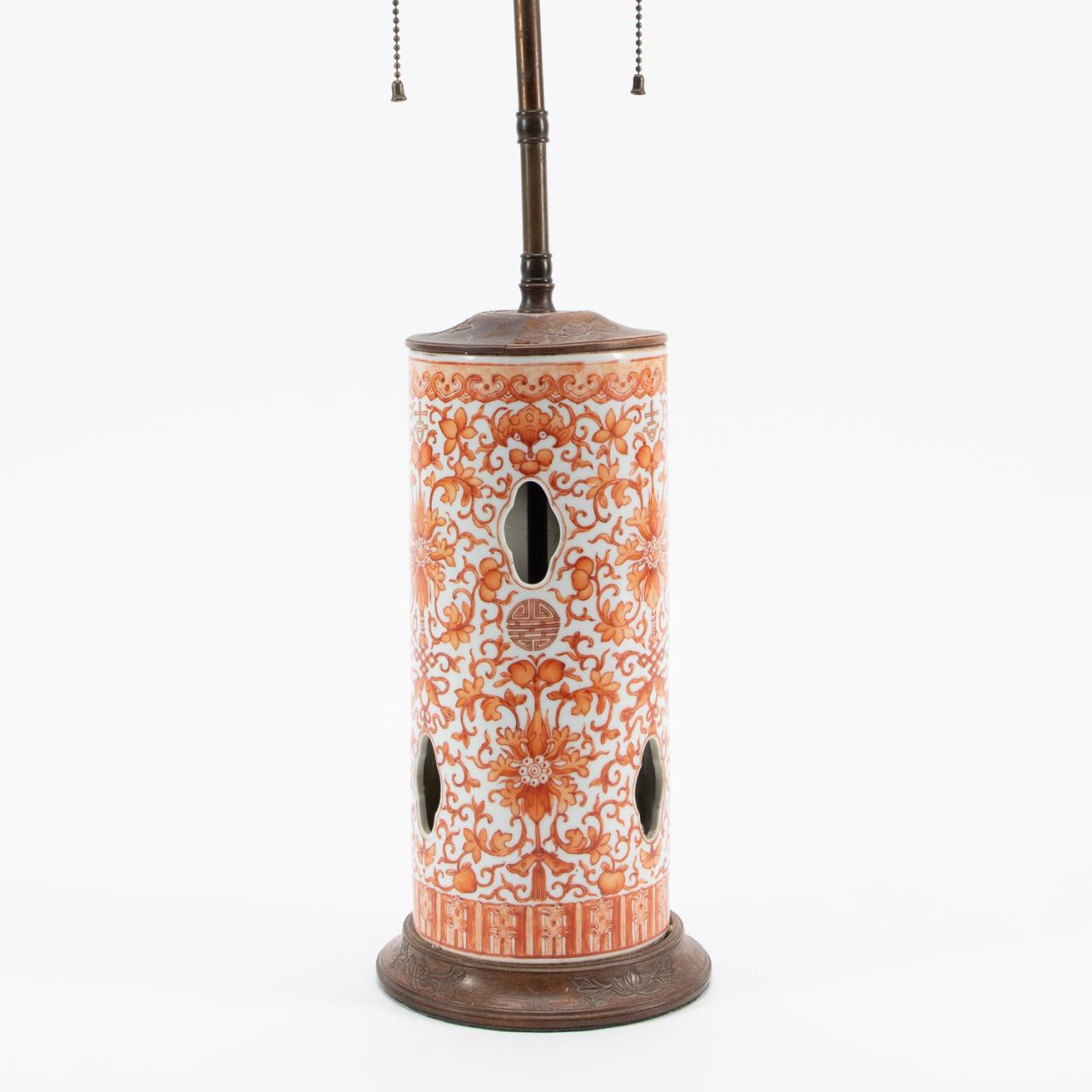 Appraisal: CHINESE IRON-RED HAT STAND MOUNTED AS LAMP Chinese iron-red porcelain