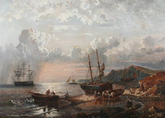 Appraisal: DUTCH SCHOOL th century DUTCH VESSELS COMING TO SHORE signed