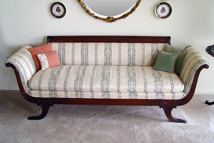 Appraisal: SHERATON EMPIRE SOFA Transitional Sheraton style sofa with classic front