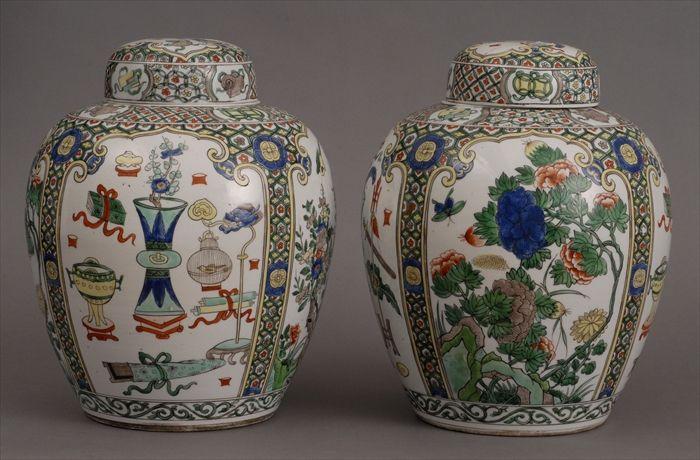 Appraisal: PAIR OF FAMILLE VERTE-STYLE PORCELAIN GINGER JARS AND COVERS Each