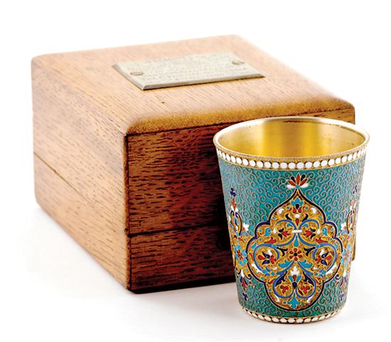 Appraisal: Russian silver-gilt and enamel Christening cup in case Gustav Klingert