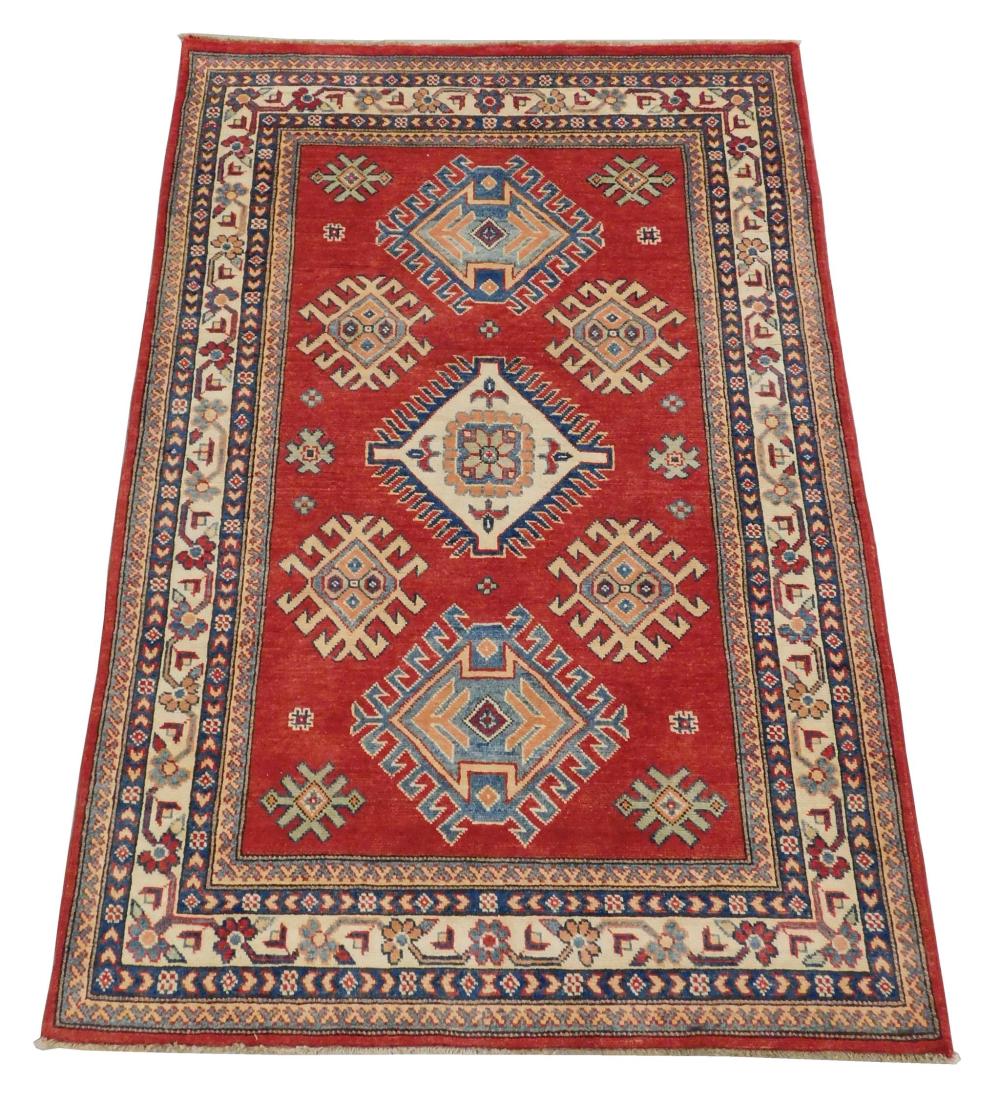 Appraisal: RUG Uzbek Kazak ' x ' hand-woven wool red ground